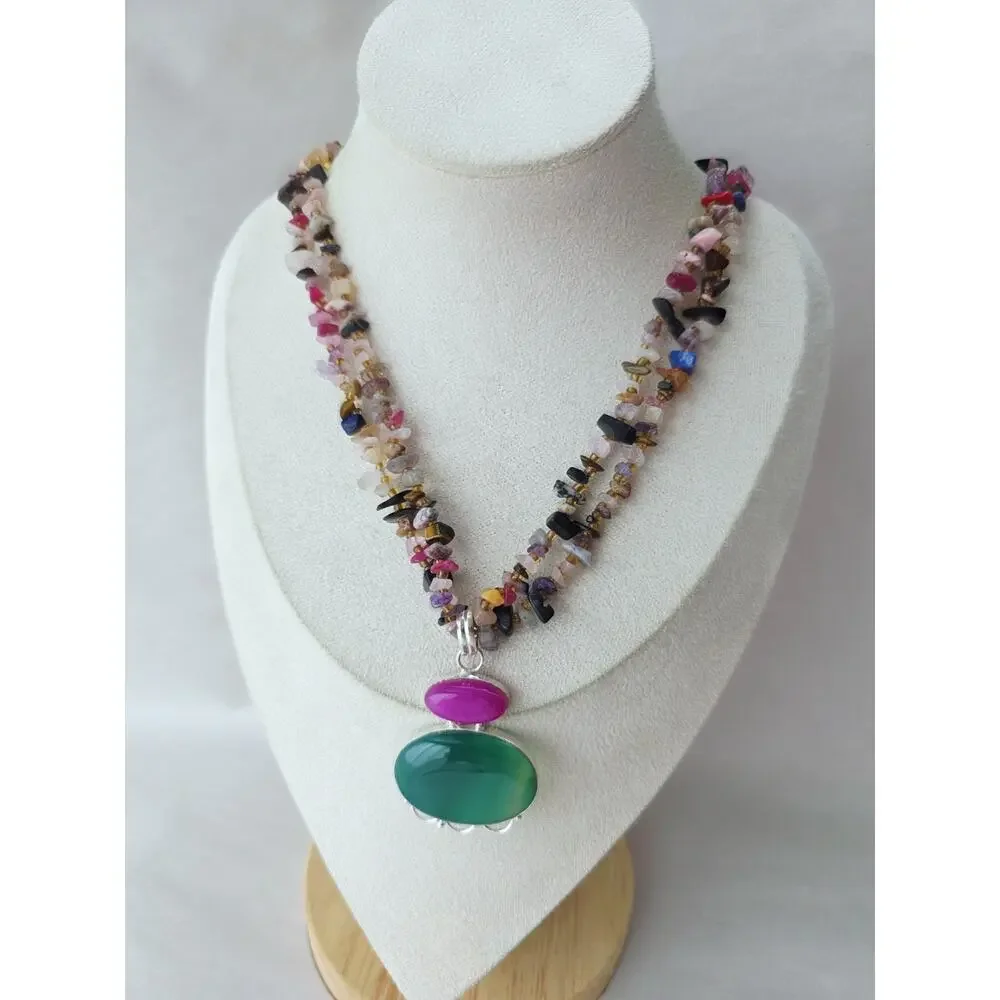 Artisan New Sterling 925 Agate Gemstone Jewel Multi Necklace Colorful Pink Green